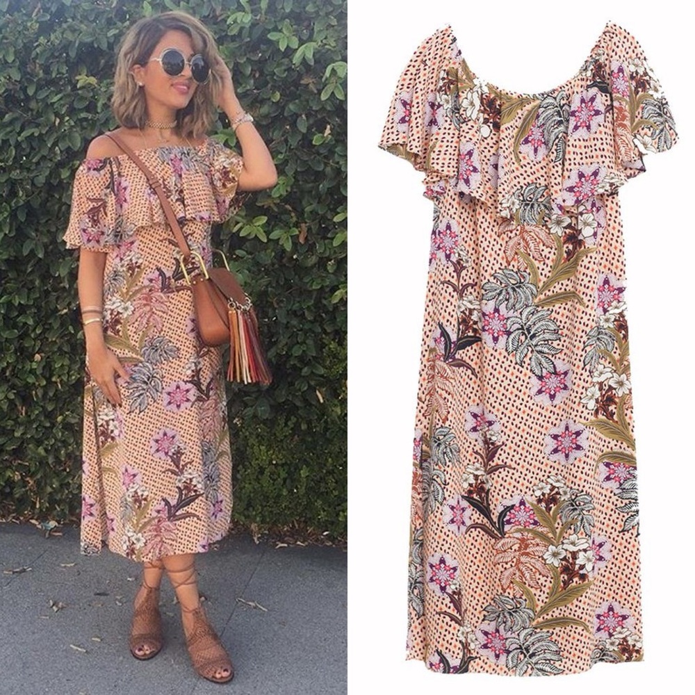 Zara Off The Shoulder Ruffle Top Floral Printed Midi Slip Dress Multi Color XS